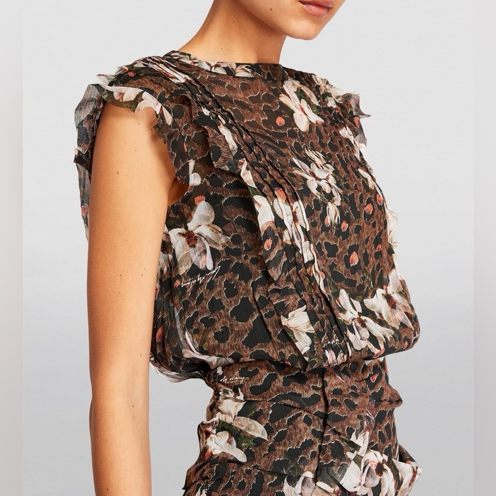 All Saints Floral Leopard Print Ruffle Ruched Hali Alessandra Mini Dress - Picture 7 of 17
